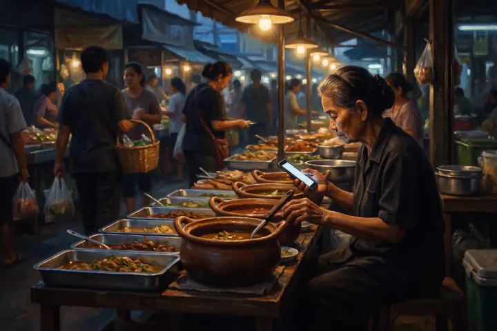 แผงข้าวแกงในตลาดเทศบาลต่างจังหวัดยามสาย หญิงสูงวัยนั่งอยู่หลังถาดหม้อแกง ทัพพีพักไว้บนขอบหม้อ ก้มมองโทรศัพท์ในมือนิ่ง คนเดินตลาดด้านหลังพร่าเลือน
