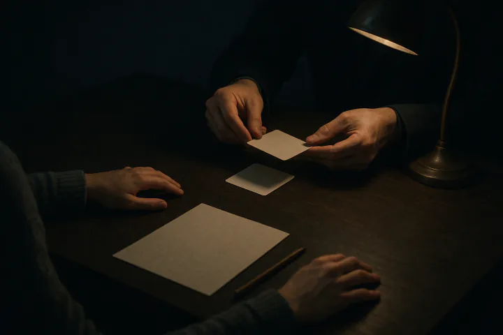 มือของผู้ทดลองกำลังสลับบัตรรูปภาพที่คว่ำหน้าไว้บนโต๊ะไม้ใต้แสงโคม ฝั่งนี้มีมือของผู้ร่วมทดลองวางนิ่งอยู่ข้างกระดาษเปล่ากับดินสอ